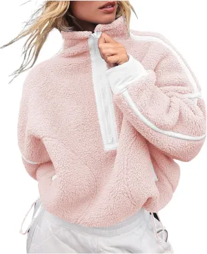 Women's Fleece Sweatshirts Half Zip Pullover Long Sleeve Oversized Workout Crop Tops Hoodie with Pocket