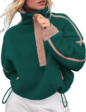 Women's Fleece Sweatshirts Half Zip Pullover Long Sleeve Oversized Workout Crop Tops Hoodie with Pocket