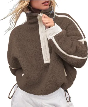 Women's Fleece Sweatshirts Half Zip Pullover Long Sleeve Oversized Workout Crop Tops Hoodie with Pocket