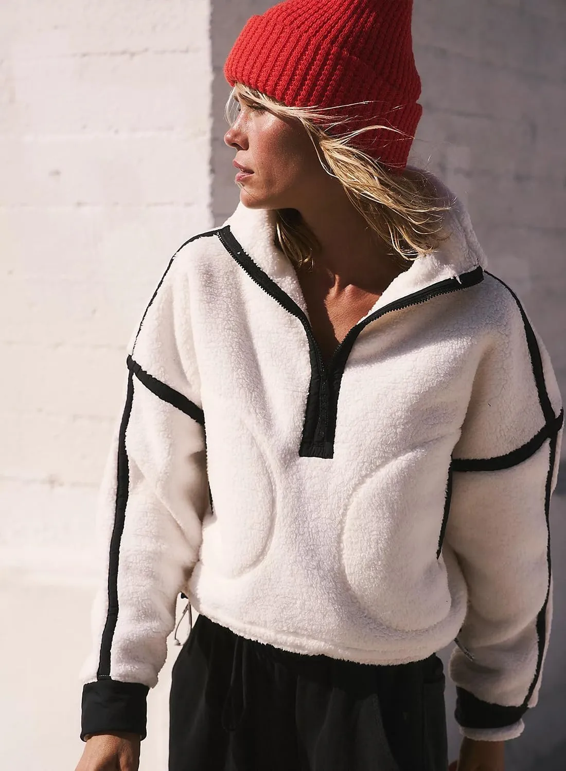 Women's Fleece Sweatshirts Half Zip Pullover Long Sleeve Oversized Workout Crop Tops Hoodie with Pocket