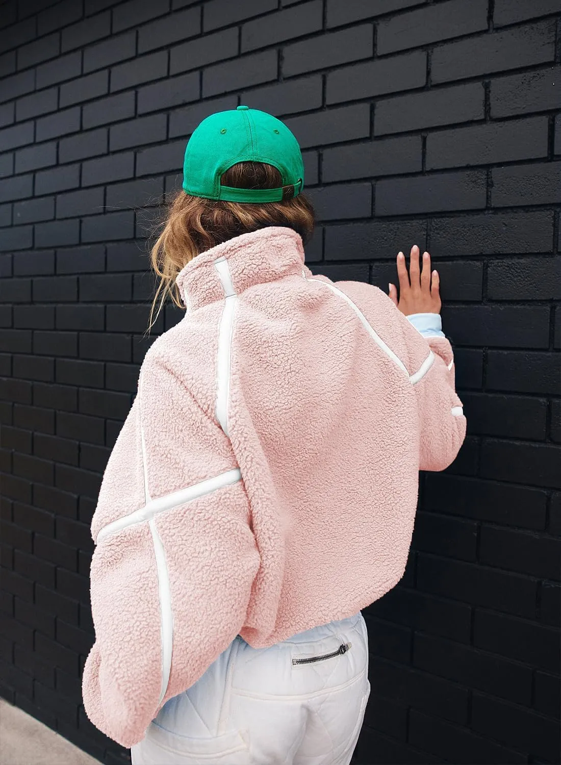 Women's Fleece Sweatshirts Half Zip Pullover Long Sleeve Oversized Workout Crop Tops Hoodie with Pocket