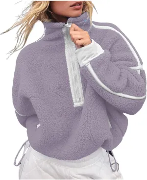 Women's Fleece Sweatshirts Half Zip Pullover Long Sleeve Oversized Workout Crop Tops Hoodie with Pocket