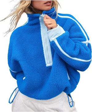 Women's Fleece Sweatshirts Half Zip Pullover Long Sleeve Oversized Workout Crop Tops Hoodie with Pocket
