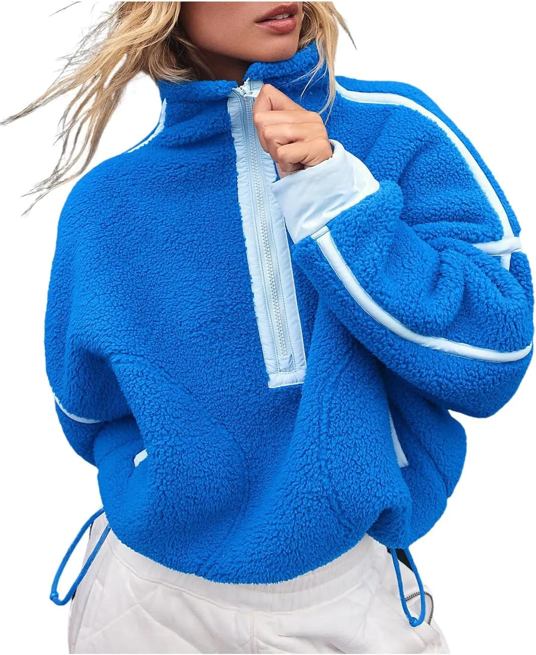 Women's Fleece Sweatshirts Half Zip Pullover Long Sleeve Oversized Workout Crop Tops Hoodie with Pocket