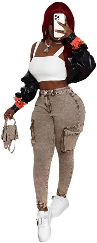 Womens High-Waist Skinny Stretch Denim Cargo Pants  Khaki and Army Green, Long-Length Trousers with Zipper Fly