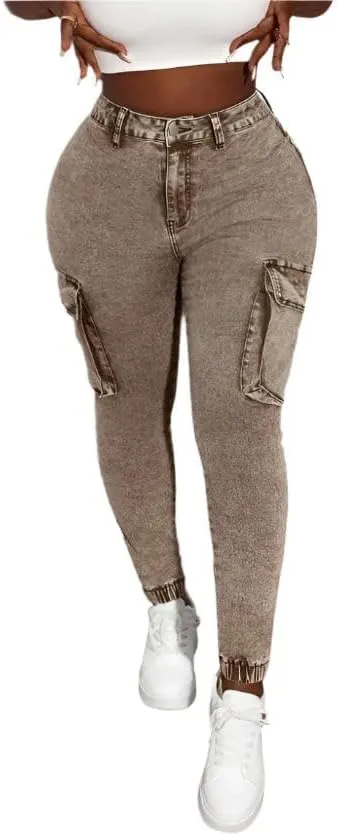 Womens High-Waist Skinny Stretch Denim Cargo Pants  Khaki and Army Green, Long-Length Trousers with Zipper Fly