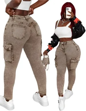Womens High-Waist Skinny Stretch Denim Cargo Pants  Khaki and Army Green, Long-Length Trousers with Zipper Fly