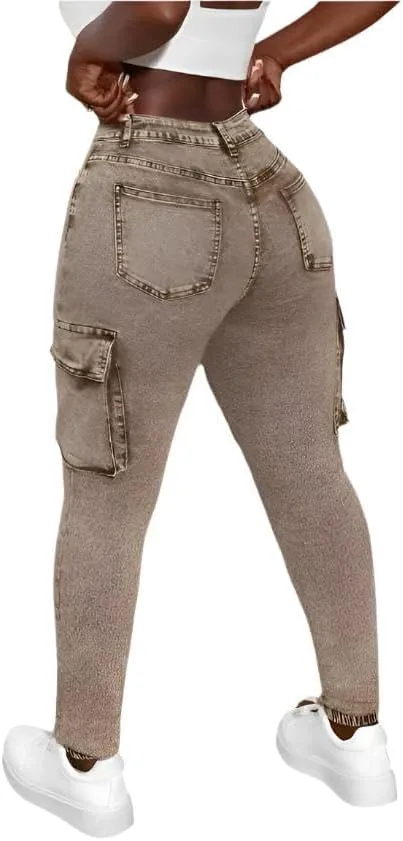 Womens High-Waist Skinny Stretch Denim Cargo Pants  Khaki and Army Green, Long-Length Trousers with Zipper Fly