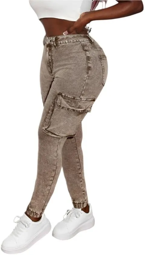 Womens High-Waist Skinny Stretch Denim Cargo Pants  Khaki and Army Green, Long-Length Trousers with Zipper Fly