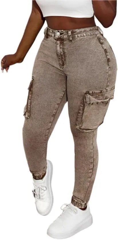 Womens High-Waist Skinny Stretch Denim Cargo Pants  Khaki and Army Green, Long-Length Trousers with Zipper Fly