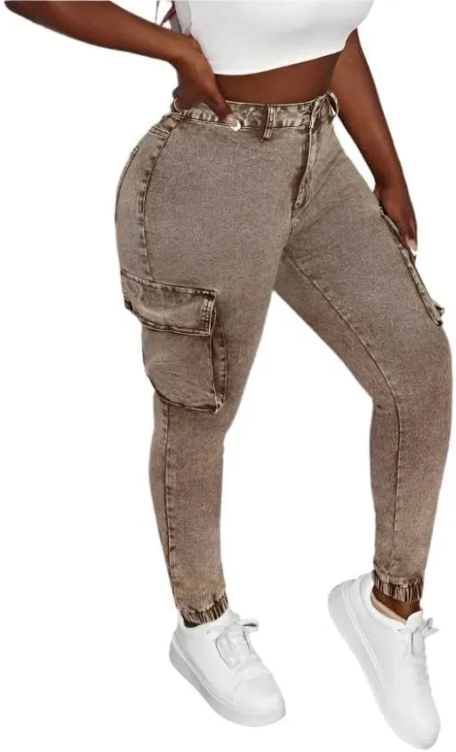Womens High-Waist Skinny Stretch Denim Cargo Pants  Khaki and Army Green, Long-Length Trousers with Zipper Fly