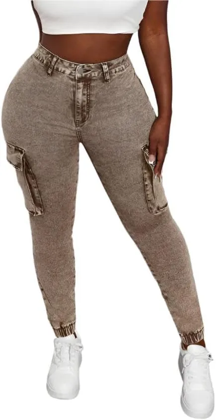 Womens High-Waist Skinny Stretch Denim Cargo Pants  Khaki and Army Green, Long-Length Trousers with Zipper Fly