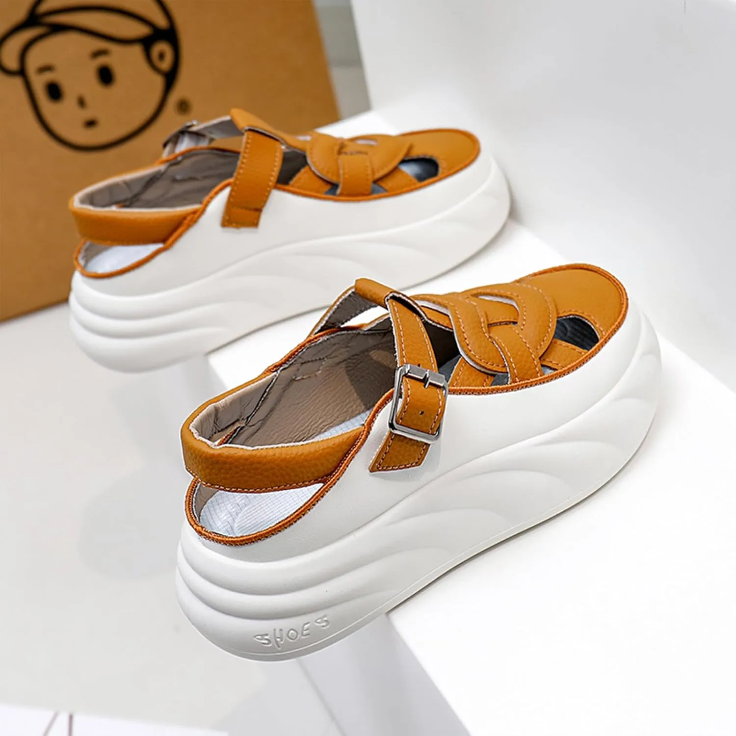 Womens Leather Adjustable Ankle Strap Platform Slingback Hiking Sandals Lightweight Chunky Increase Height Casual Cutout Sneakers with Arch Support for Walking Work Camping
