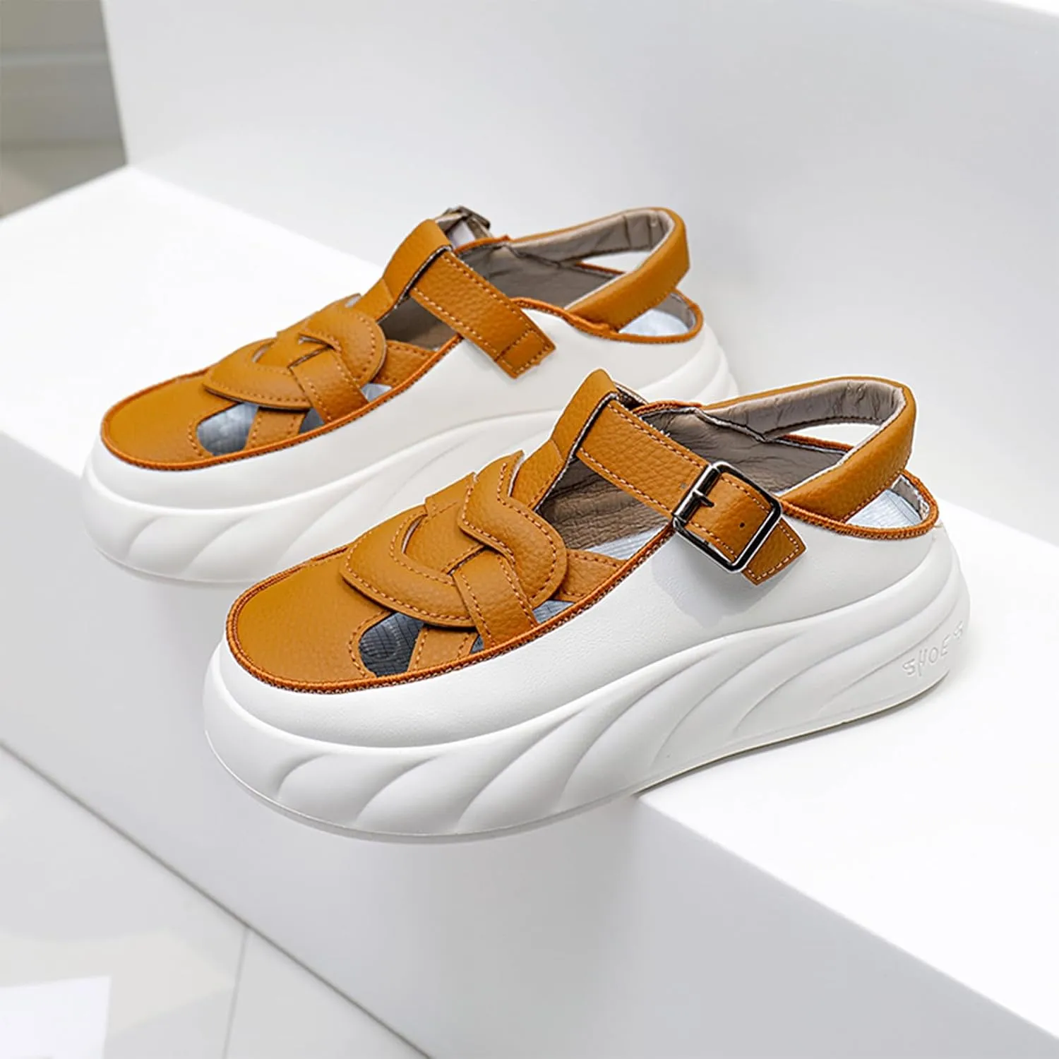 Womens Leather Adjustable Ankle Strap Platform Slingback Hiking Sandals Lightweight Chunky Increase Height Casual Cutout Sneakers with Arch Support for Walking Work Camping