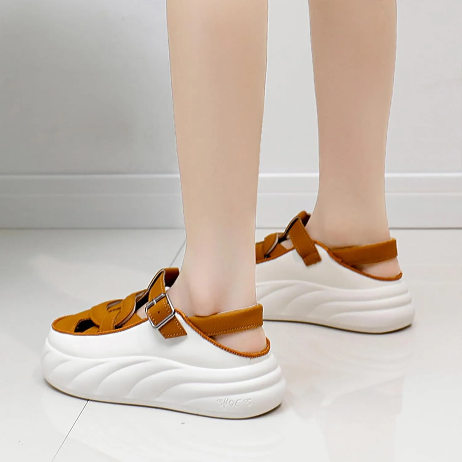 Womens Leather Adjustable Ankle Strap Platform Slingback Hiking Sandals Lightweight Chunky Increase Height Casual Cutout Sneakers with Arch Support for Walking Work Camping