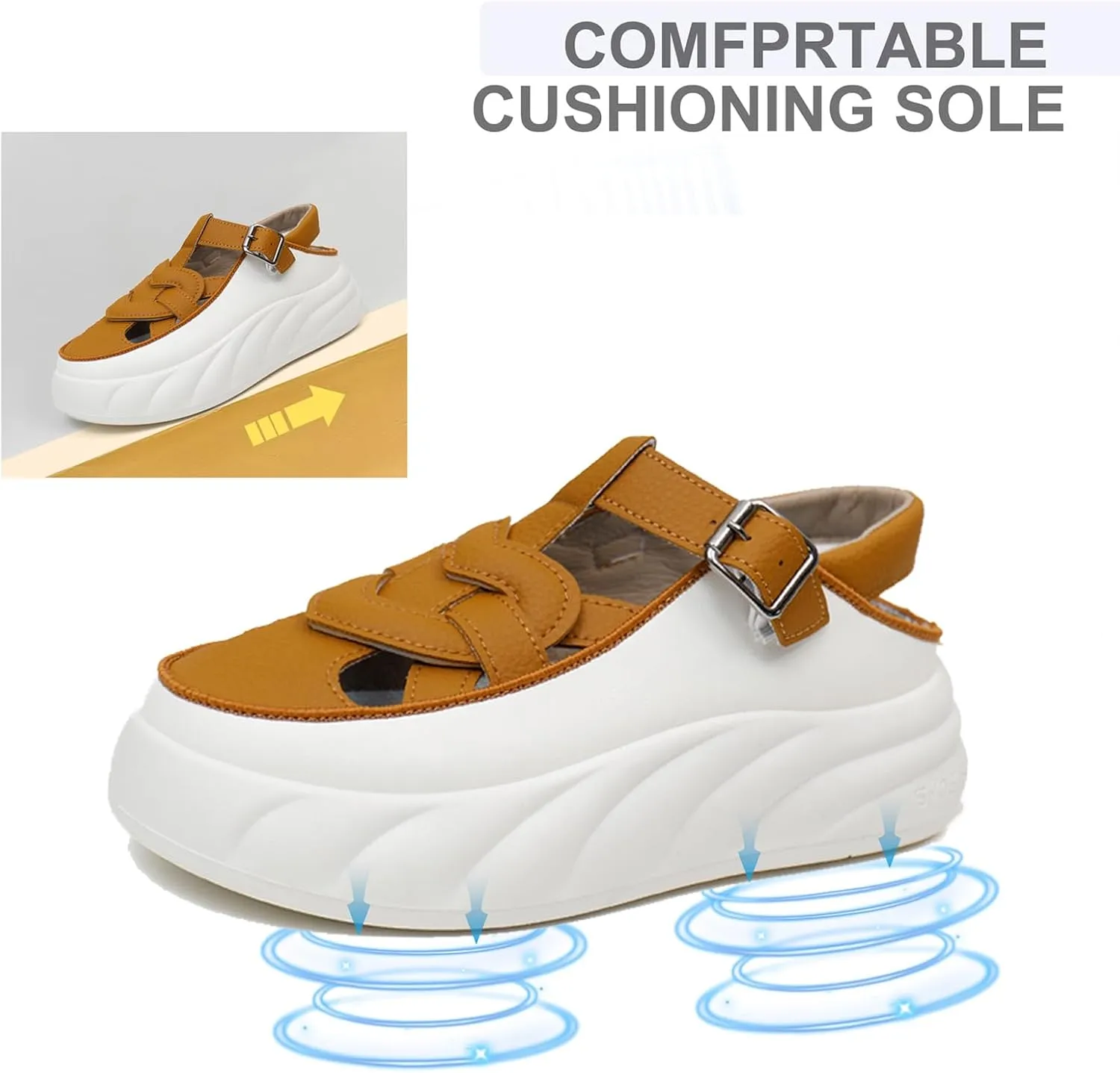 Womens Leather Adjustable Ankle Strap Platform Slingback Hiking Sandals Lightweight Chunky Increase Height Casual Cutout Sneakers with Arch Support for Walking Work Camping
