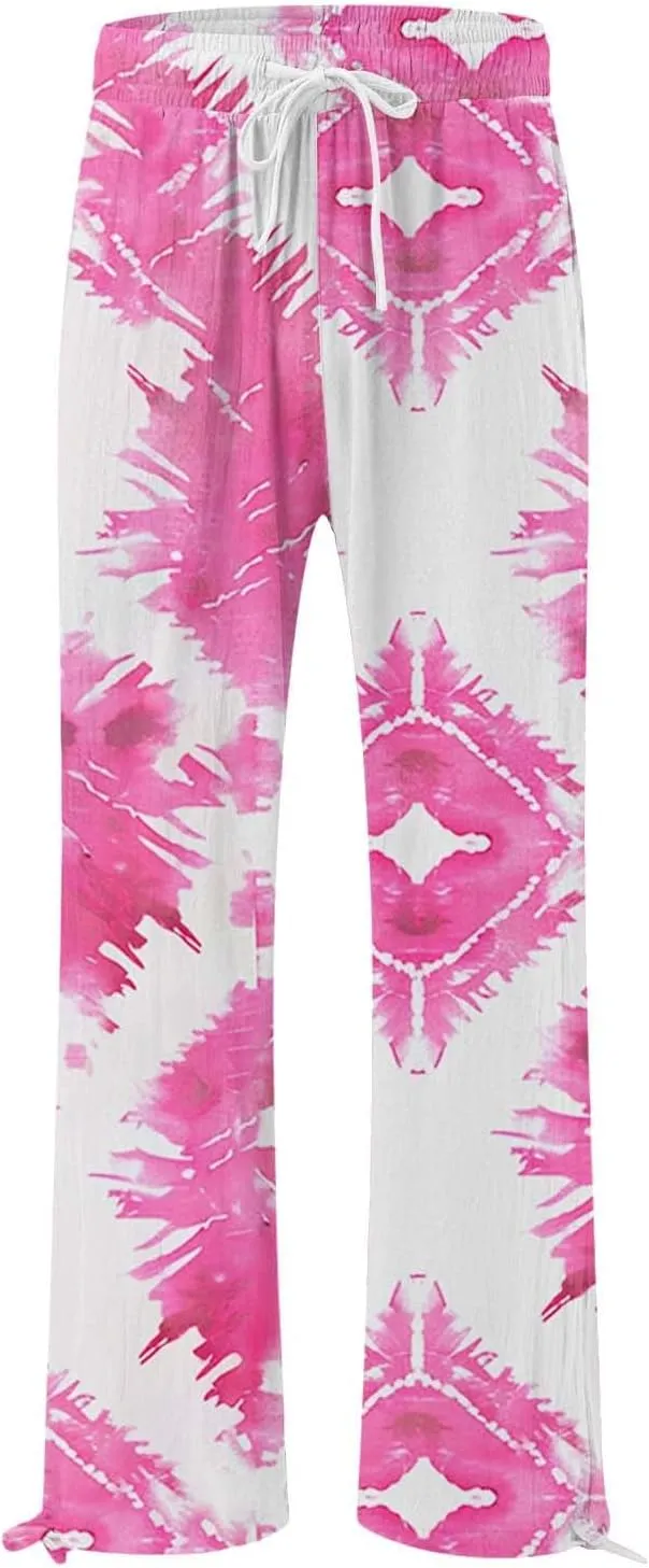 Women's Linen Palazzo Pants Casual Wide Leg Retro Printed Slacks Elastic Waist Drawstring Flowy Trousers with Pockets