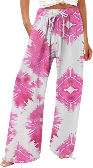 Women's Linen Palazzo Pants Casual Wide Leg Retro Printed Slacks Elastic Waist Drawstring Flowy Trousers with Pockets