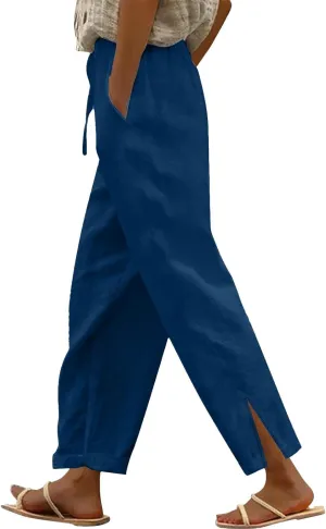 Women's Linen Pants with Drawstring & Split Hem - Summer Casual Linen Trousers Elastic Waist Lightweight Capris