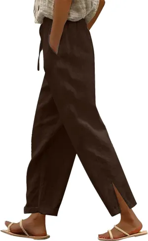 Women's Linen Pants with Drawstring & Split Hem - Summer Casual Linen Trousers Elastic Waist Lightweight Capris