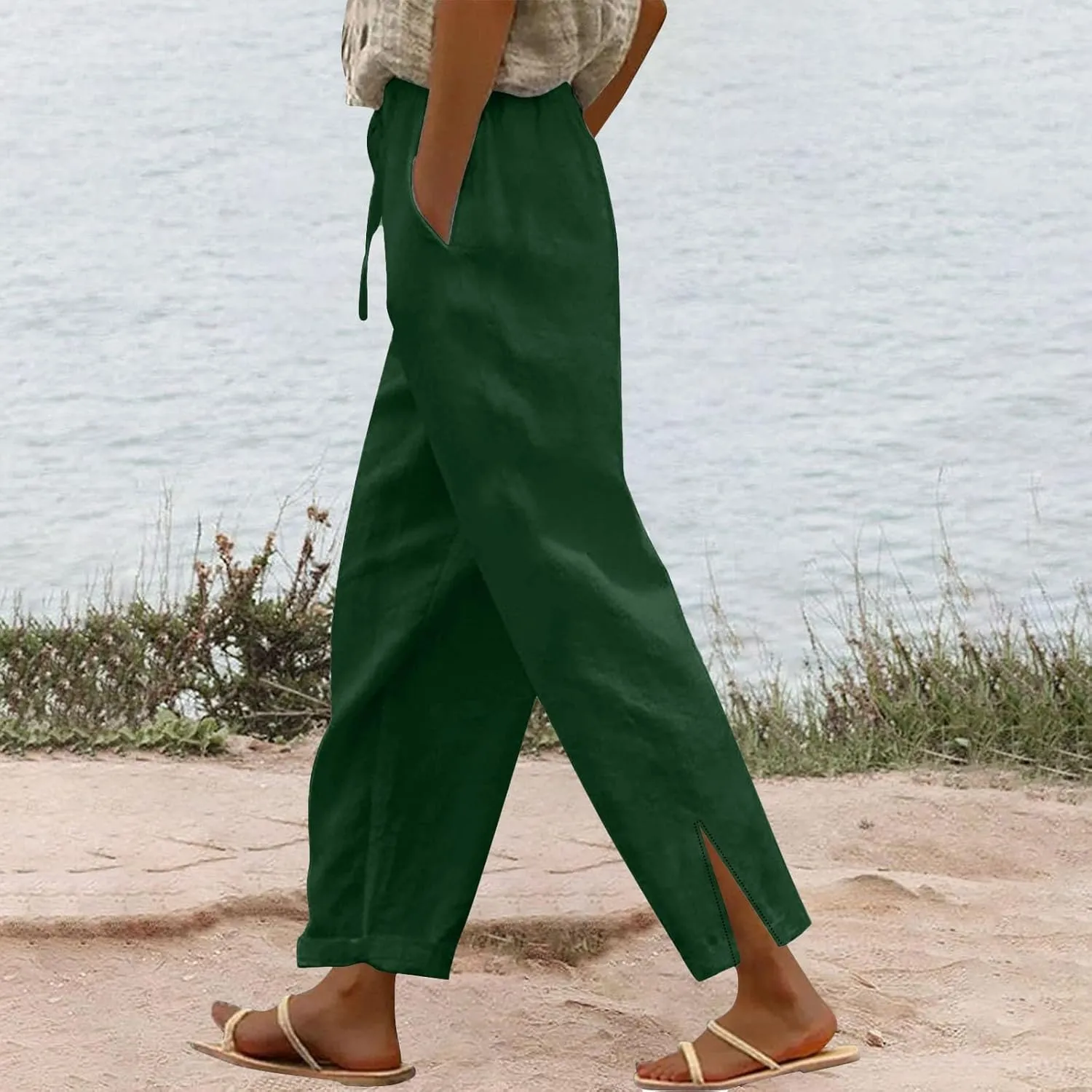 Women's Linen Pants with Drawstring & Split Hem - Summer Casual Linen Trousers Elastic Waist Lightweight Capris