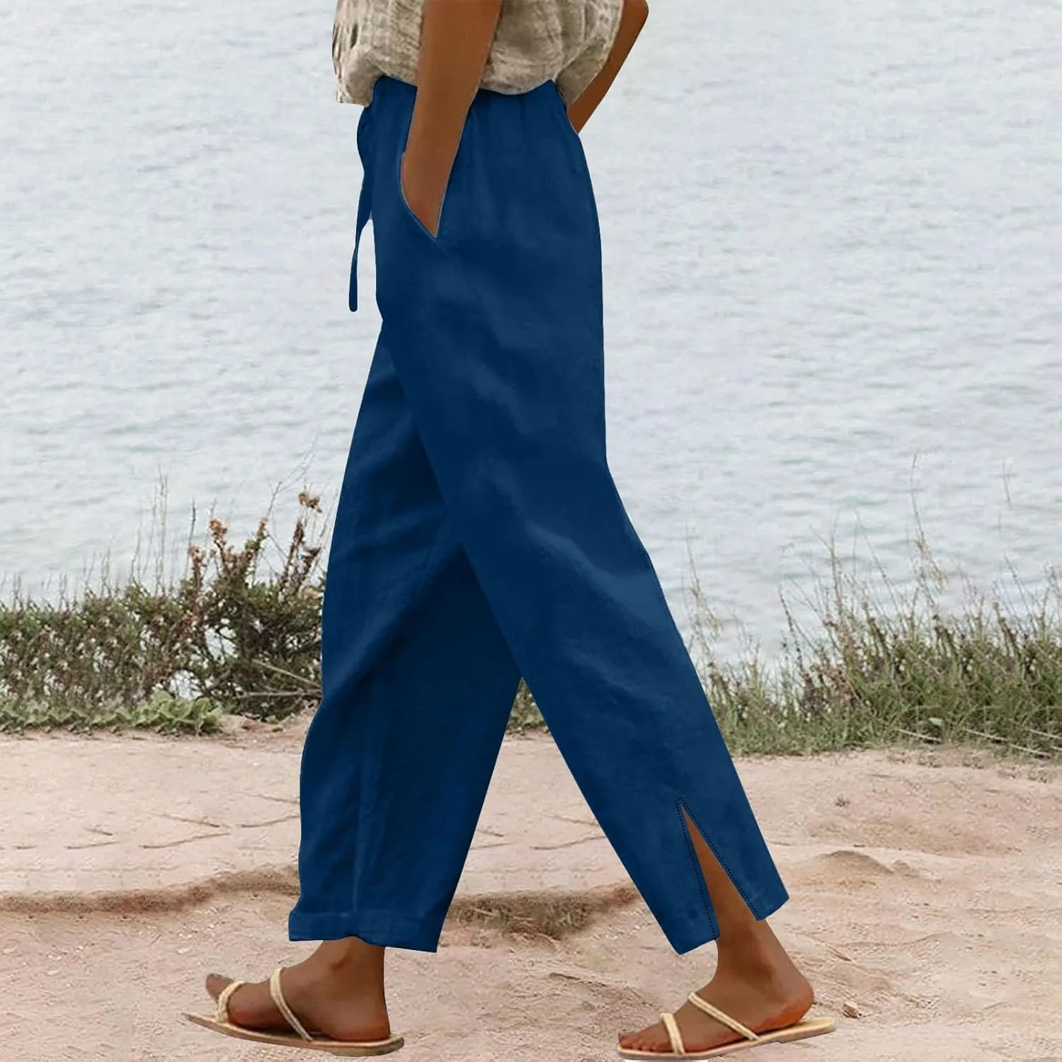 Women's Linen Pants with Drawstring & Split Hem - Summer Casual Linen Trousers Elastic Waist Lightweight Capris
