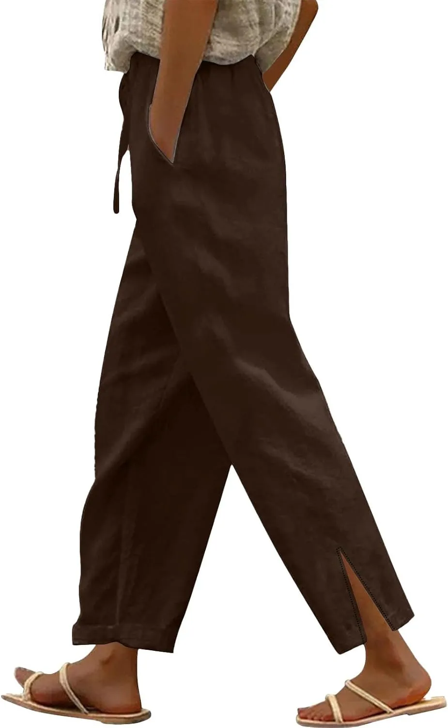 Women's Linen Pants with Drawstring & Split Hem - Summer Casual Linen Trousers Elastic Waist Lightweight Capris