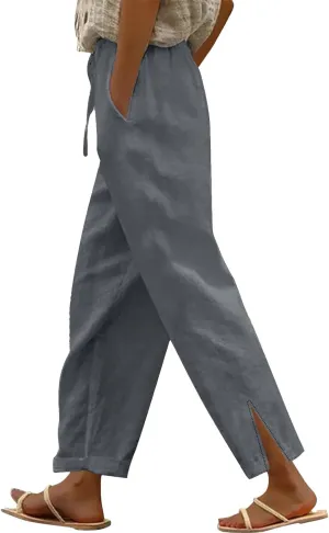 Women's Linen Pants with Drawstring & Split Hem - Summer Casual Linen Trousers Elastic Waist Lightweight Capris