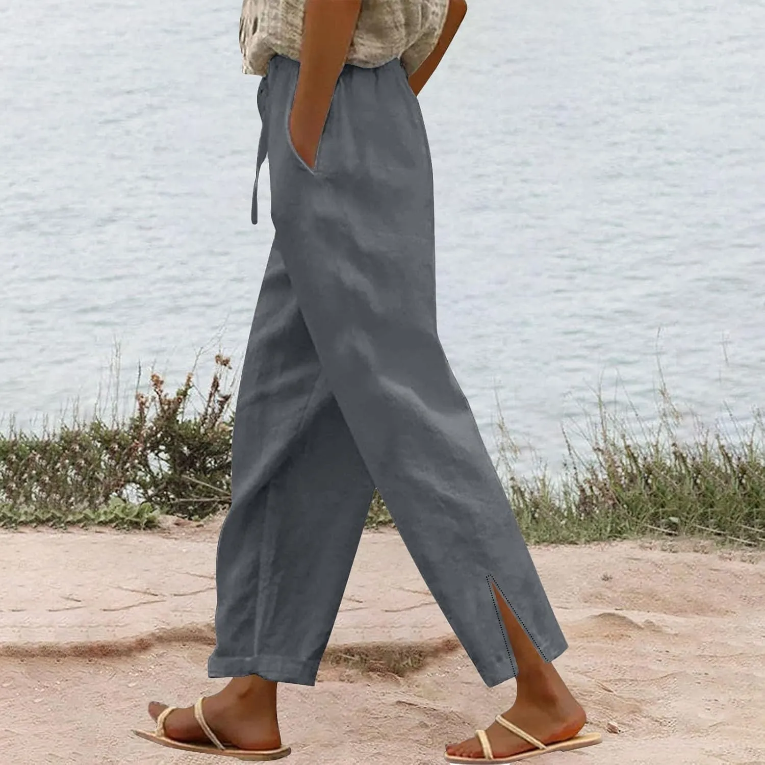 Women's Linen Pants with Drawstring & Split Hem - Summer Casual Linen Trousers Elastic Waist Lightweight Capris