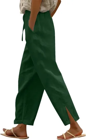 Women's Linen Pants with Drawstring & Split Hem - Summer Casual Linen Trousers Elastic Waist Lightweight Capris