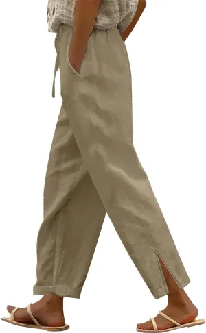 Women's Linen Pants with Drawstring & Split Hem - Summer Casual Linen Trousers Elastic Waist Lightweight Capris