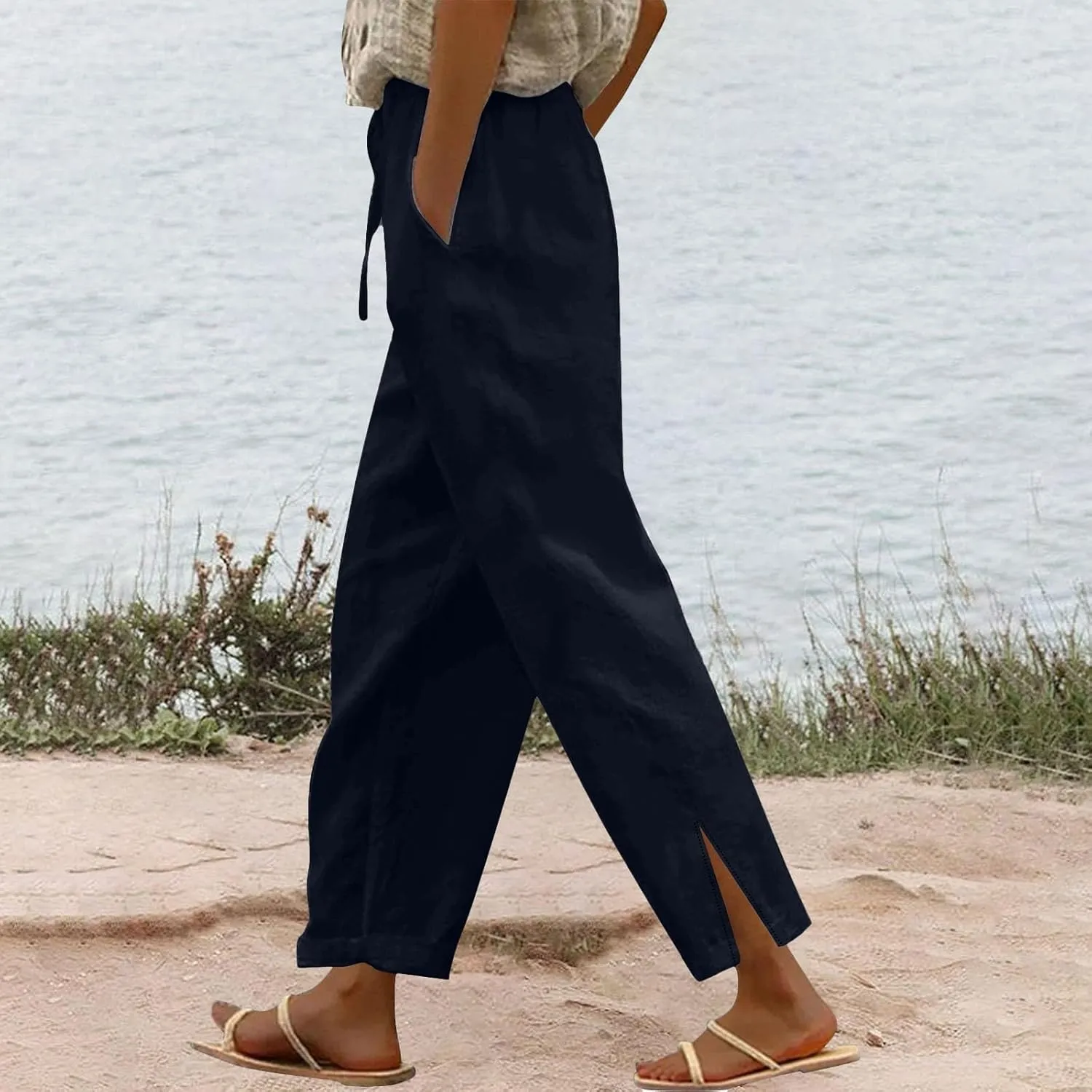 Women's Linen Pants with Drawstring & Split Hem - Summer Casual Linen Trousers Elastic Waist Lightweight Capris
