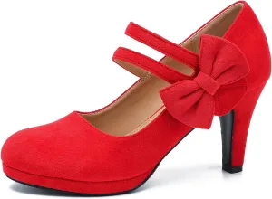 Women's Mary Jane Bow Heels Pumps Round Closed Toe Kitten Heel Double Ankle Strap Wedding Office Work Dress Shoes
