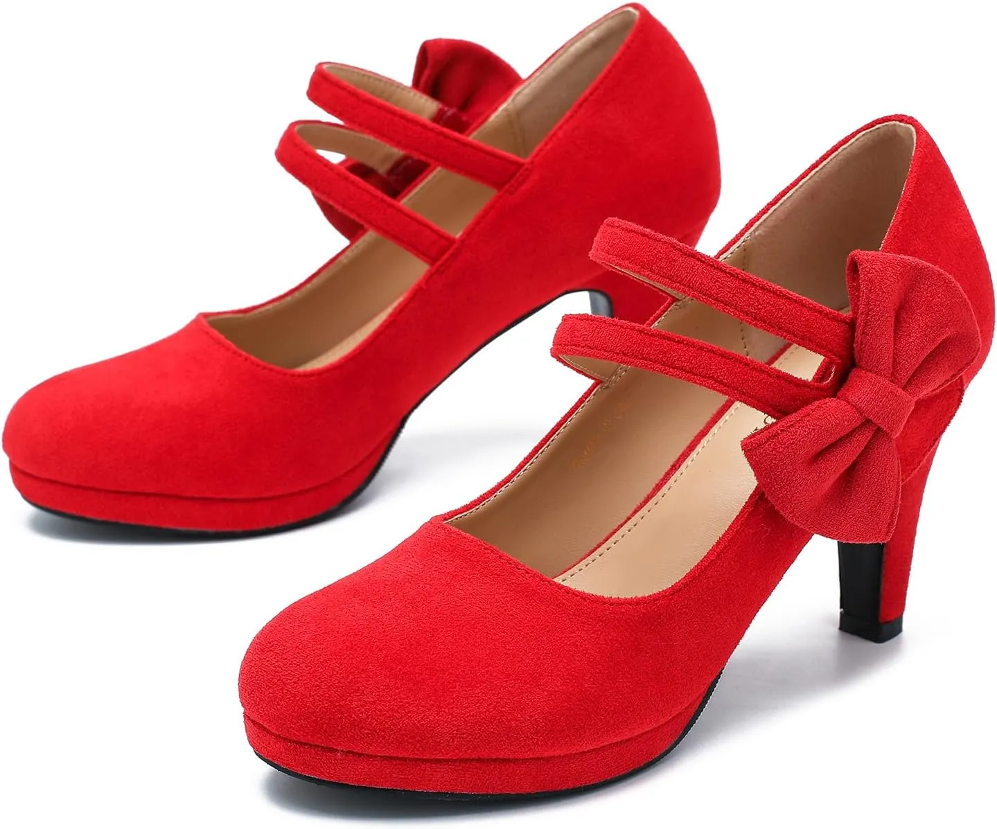 Women's Mary Jane Bow Heels Pumps Round Closed Toe Kitten Heel Double Ankle Strap Wedding Office Work Dress Shoes
