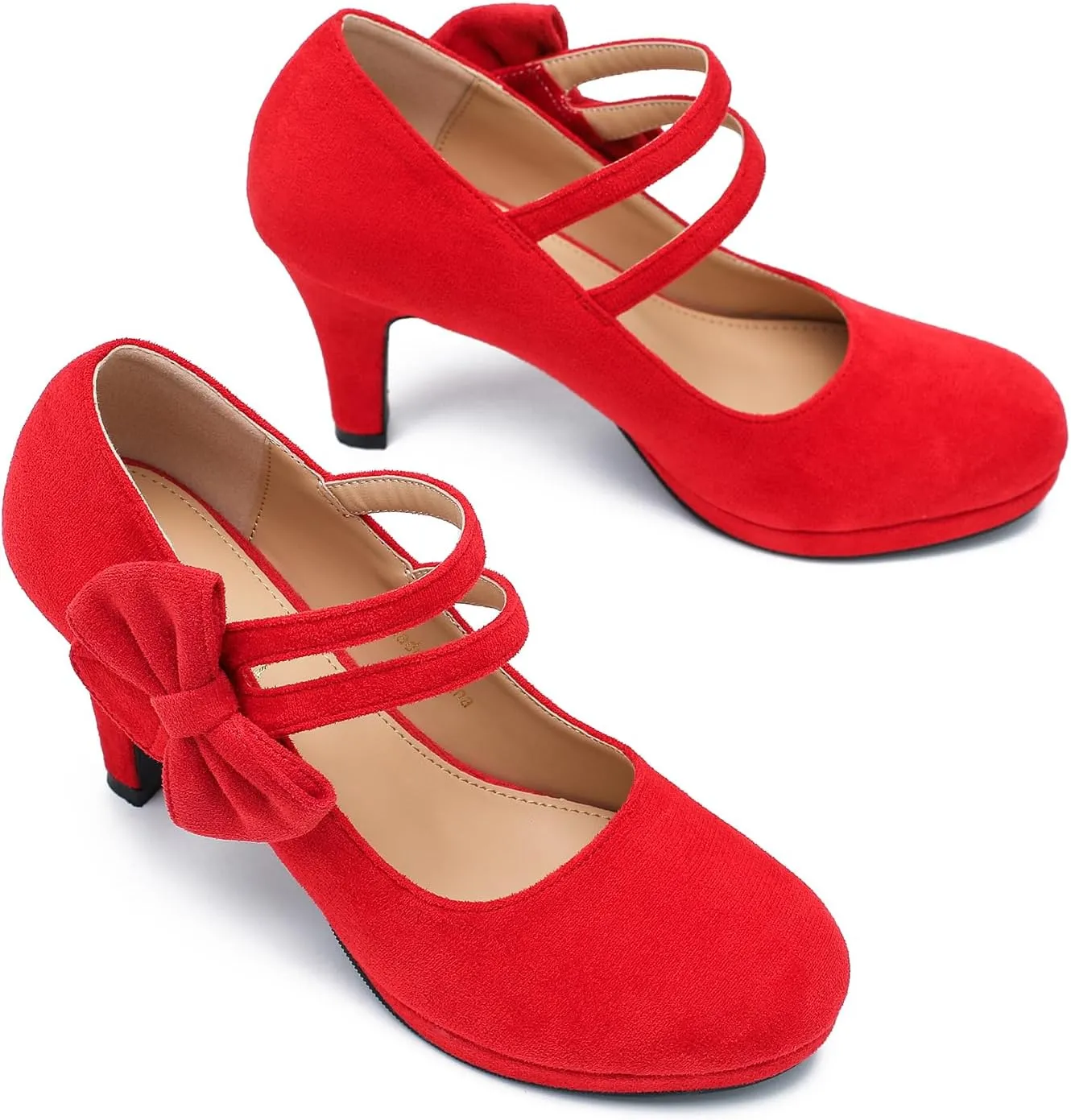 Women's Mary Jane Bow Heels Pumps Round Closed Toe Kitten Heel Double Ankle Strap Wedding Office Work Dress Shoes