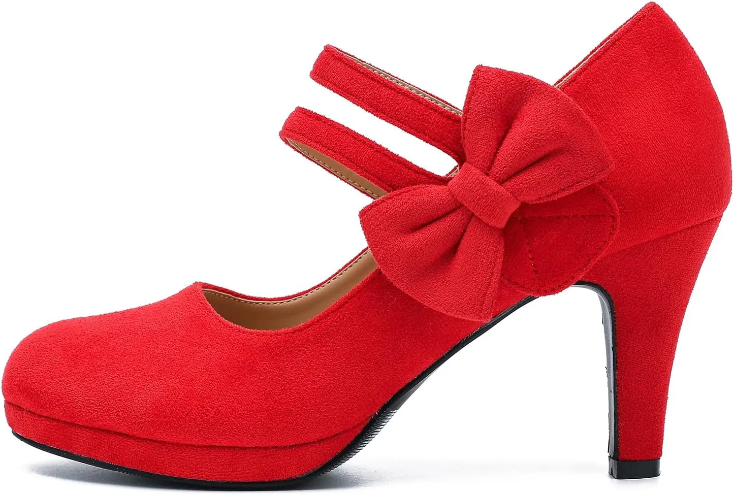 Women's Mary Jane Bow Heels Pumps Round Closed Toe Kitten Heel Double Ankle Strap Wedding Office Work Dress Shoes