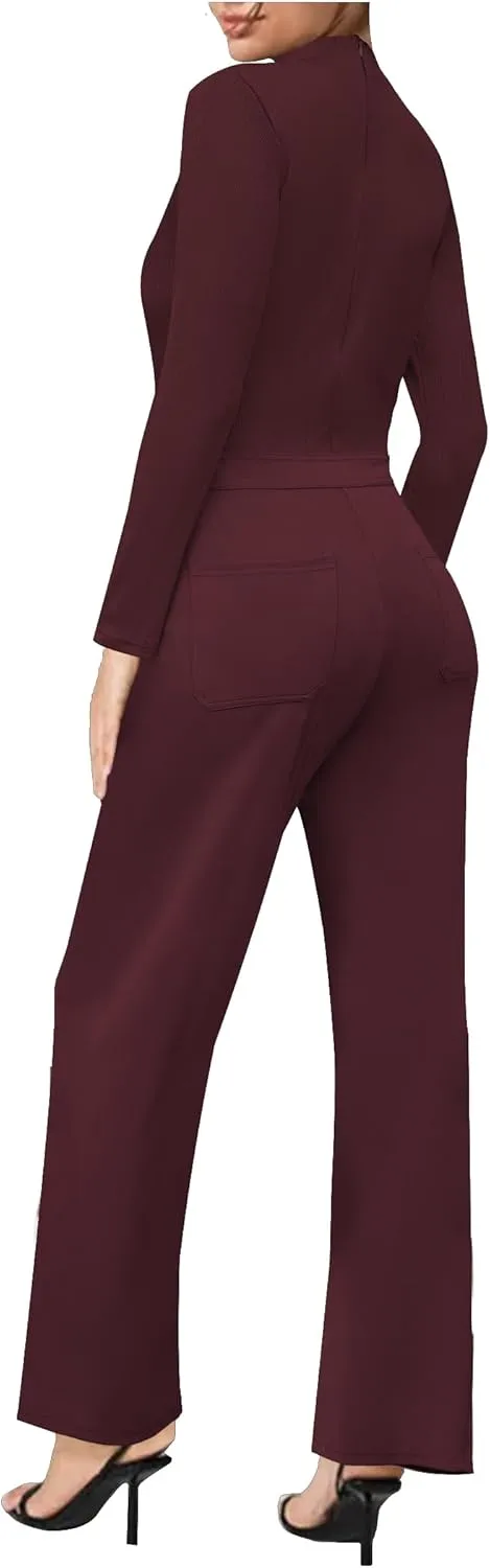 Womens One Piece Rompers Long Sleeve Mock Neck Work Jumpsuit Zip Back High Waist Straight Leg Rompers with Pockets