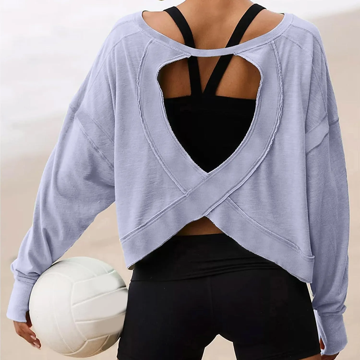 Womens Open Back Workout Tshirts Casual Solid Backless Sweatshirt Trendy Round Neck Pullover Top Loose Crop Gym Tee