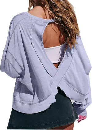 Womens Open Back Workout Tshirts Casual Solid Backless Sweatshirt Trendy Round Neck Pullover Top Loose Crop Gym Tee