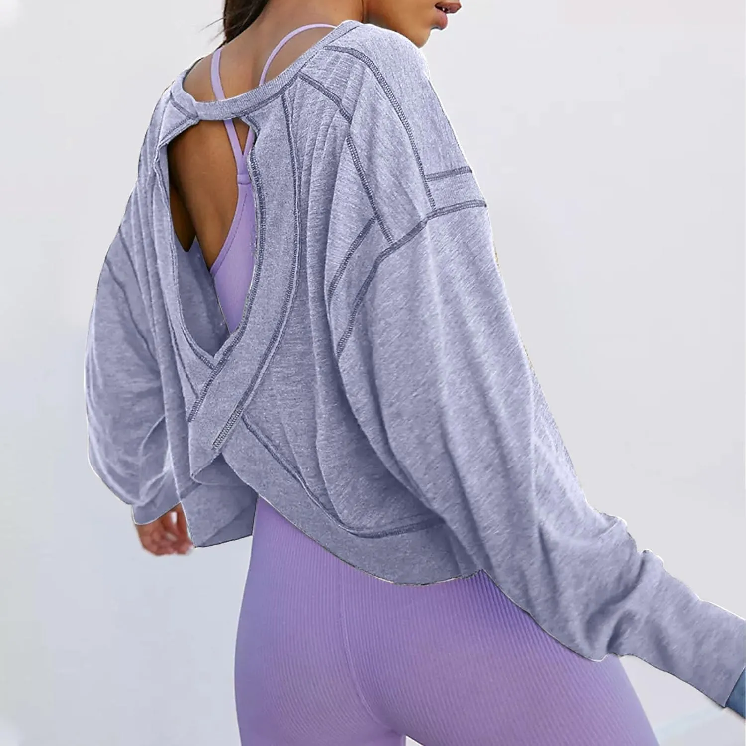 Womens Open Back Workout Tshirts Casual Solid Backless Sweatshirt Trendy Round Neck Pullover Top Loose Crop Gym Tee