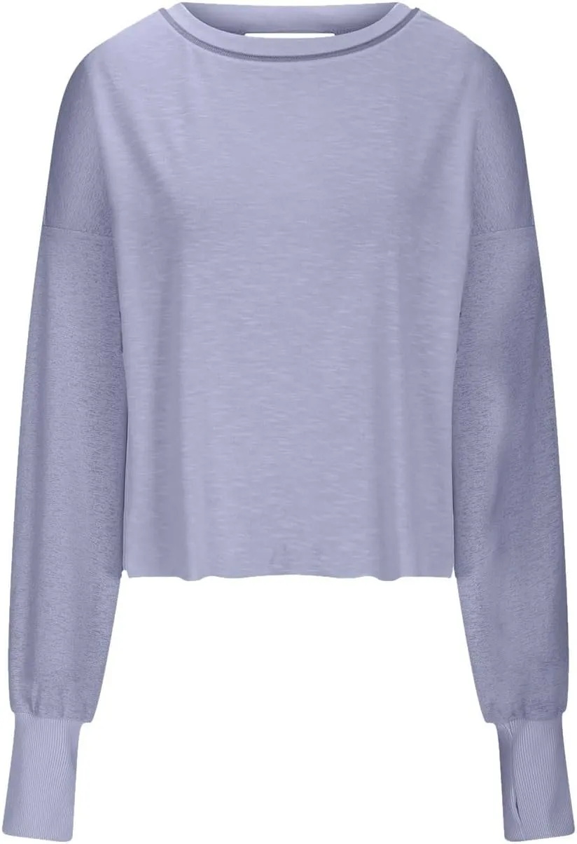 Womens Open Back Workout Tshirts Casual Solid Backless Sweatshirt Trendy Round Neck Pullover Top Loose Crop Gym Tee