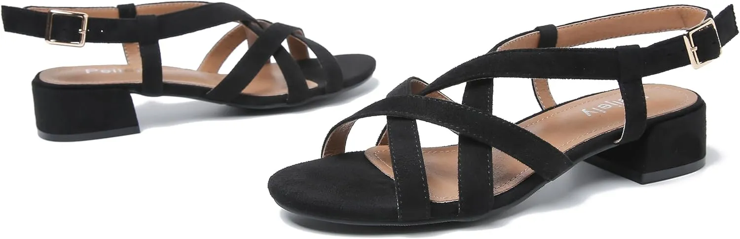 Women's Open Toe Cross Straps Low Block Chunky Heels Slingback Sandals Party Dress Summer Shoes