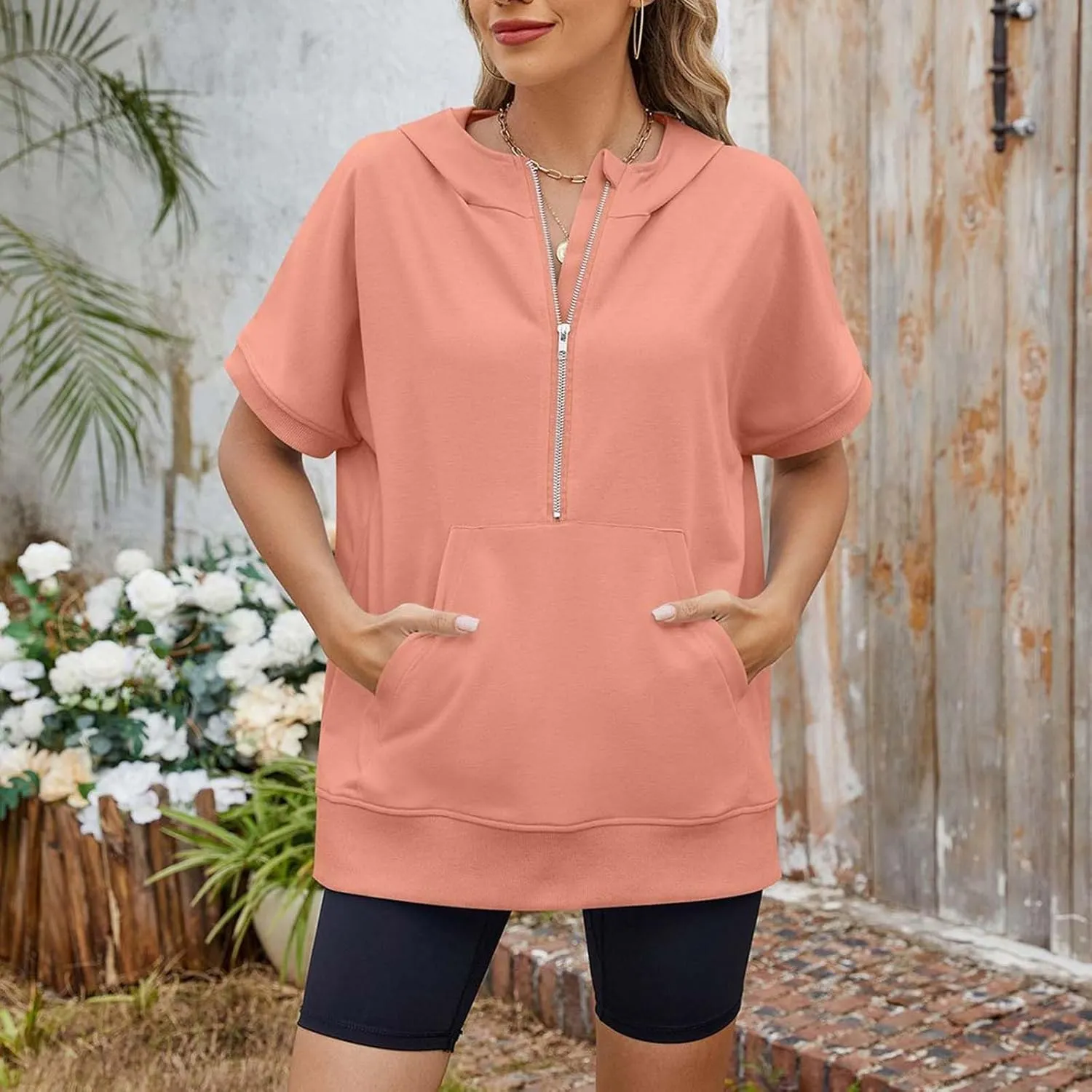 Womens Oversized Half Zip Hoodies Short Sleeve Casual Sweatshirts Pullover Tops with Pockets Loose 2025 Clothes