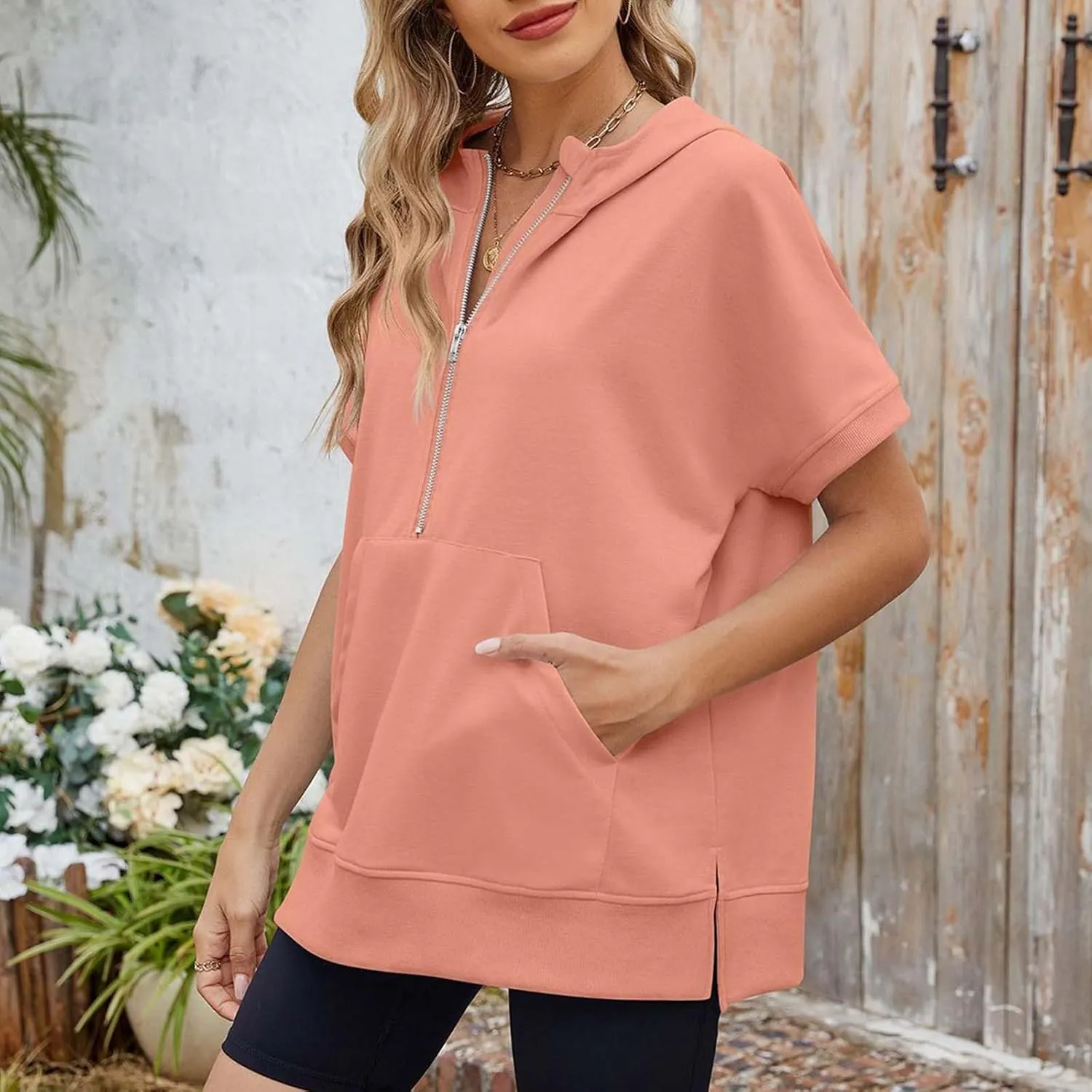 Womens Oversized Half Zip Hoodies Short Sleeve Casual Sweatshirts Pullover Tops with Pockets Loose 2025 Clothes