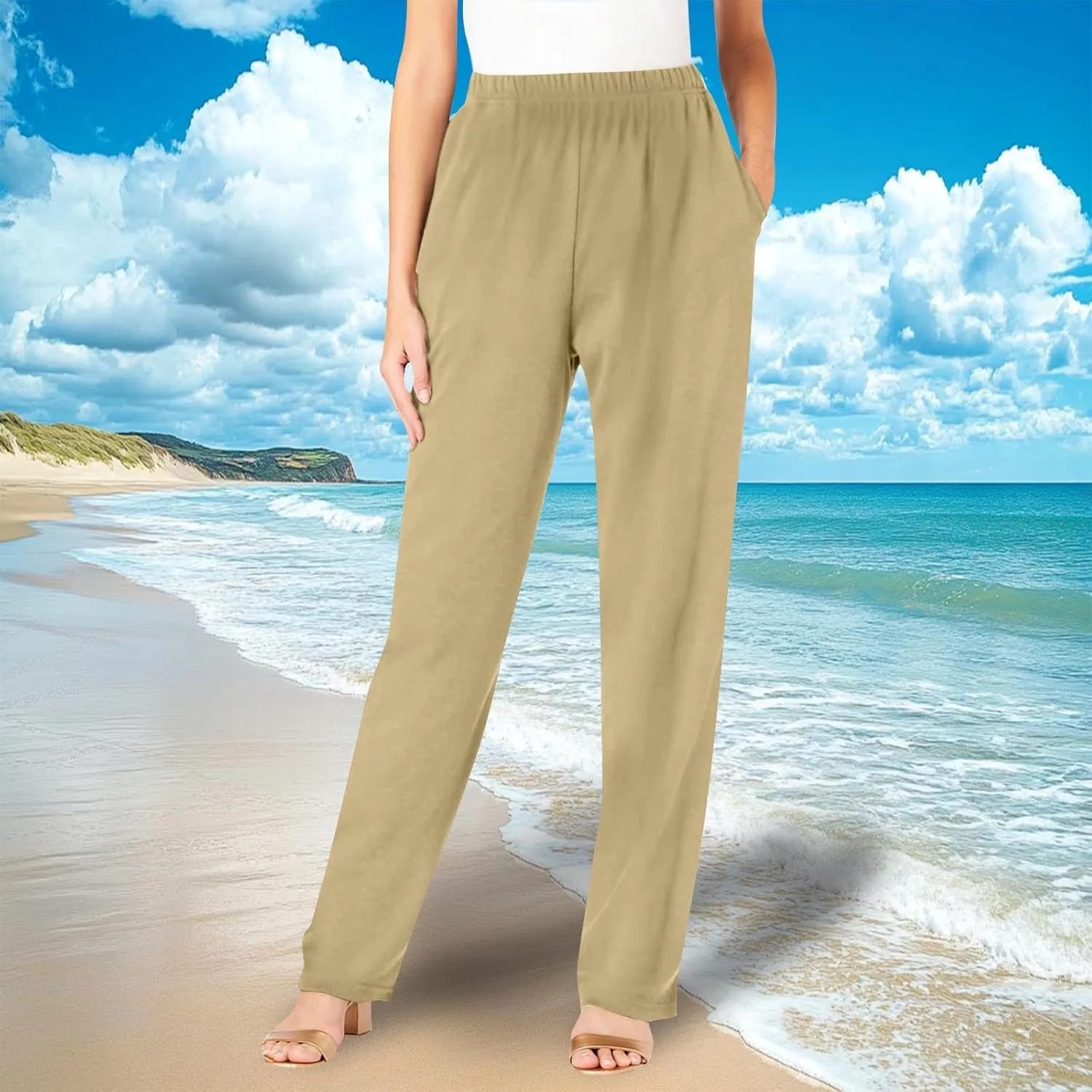 Women's Pants 2025 Drawstring Elastic Waist Long Lounge Trousers Summer Loose Lightweight Palazzo Trousers with Pockets