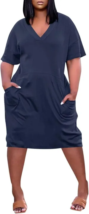 Women's Rompers Dressy Summer Casual Loose Dress 2024 Short Sleeve V-Neck Solid Color Beach Dresses, L-5XL
