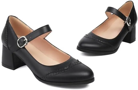 Women's Round Toe Mary Janes Block Heel Pumps