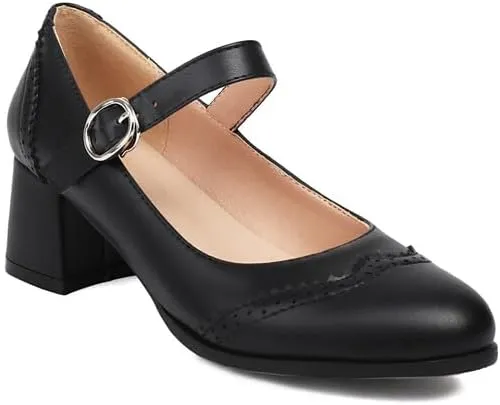 Women's Round Toe Mary Janes Block Heel Pumps