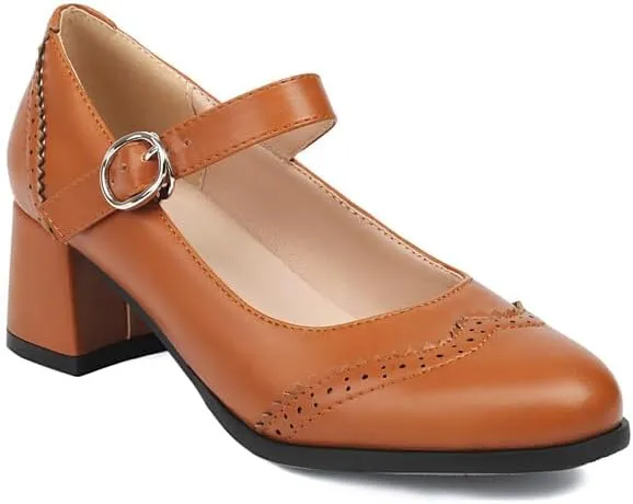 Women's Round Toe Mary Janes Block Heel Pumps