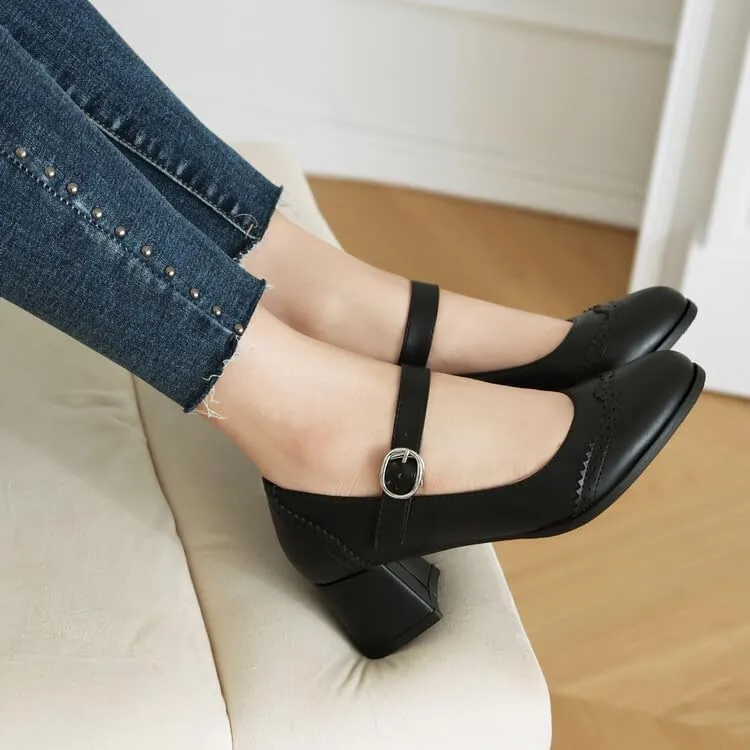 Women's Round Toe Mary Janes Block Heel Pumps